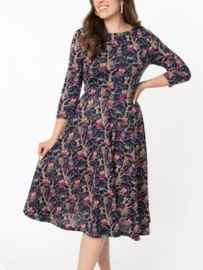 Unique Vintage - Navy Owl Midi Dress